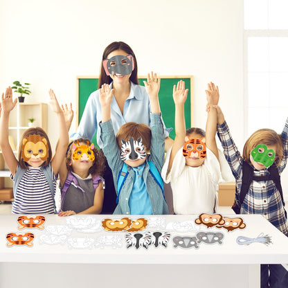 63Pcs Color Your Own Animal Masks Crafts for Kids DIY Paper Blank Jungle Animal Party Favors Lion Tiger Monkey Masks Making Kits with Ropes for School Class Activities Birthday Party Supplies