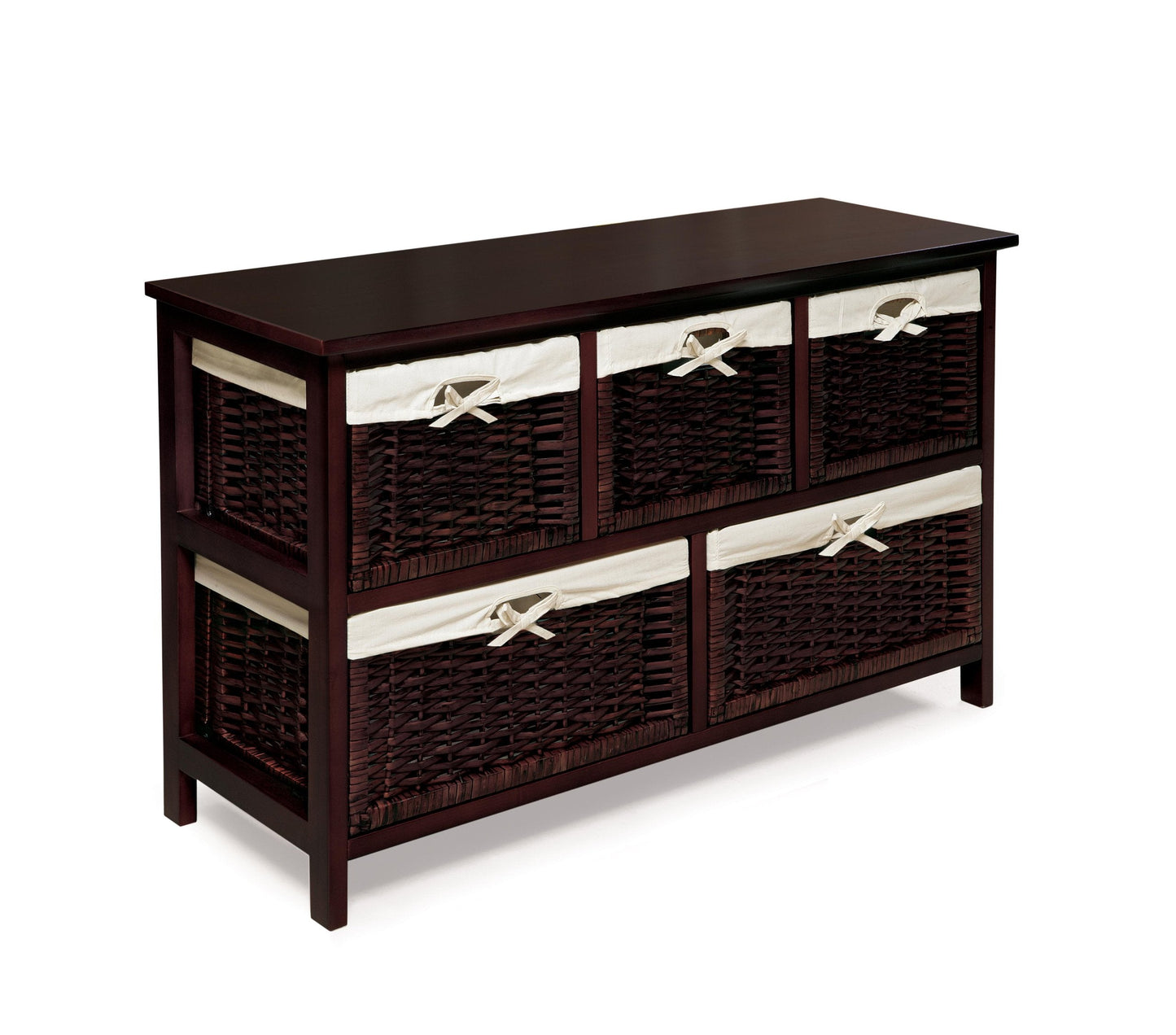 Badger Basket Five-Basket Storage Unit with Wicker Baskets and Washable Liners, Organizer for Toys, Clothes, and Household Items, Sturdy Wooden Frame - Espresso Finish