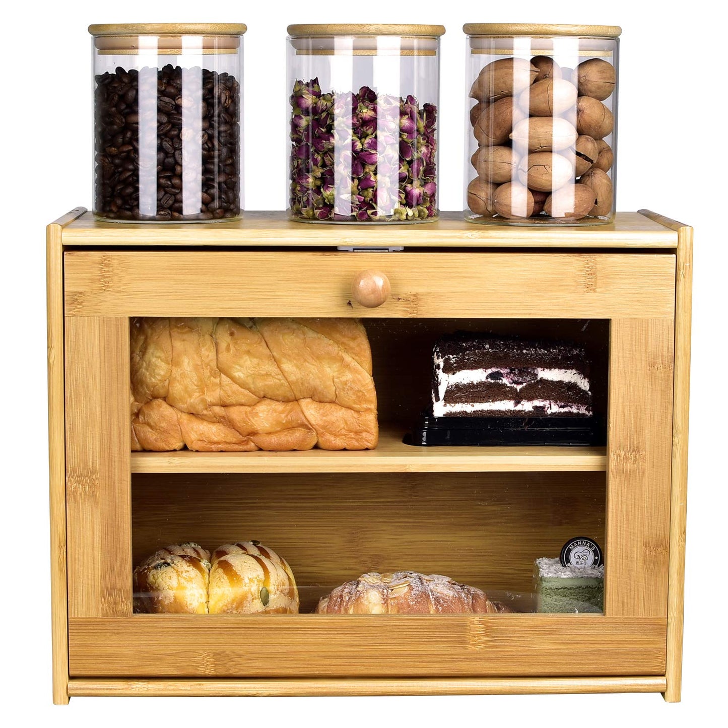 Bread Box, 2 Layer Bamboo Bread Boxes with transparent windows for Kitchen Food Storage, Equipped with three transparent glass storage Kitchen Canisters，15.7" x 6.69" x 12", (Assembled)