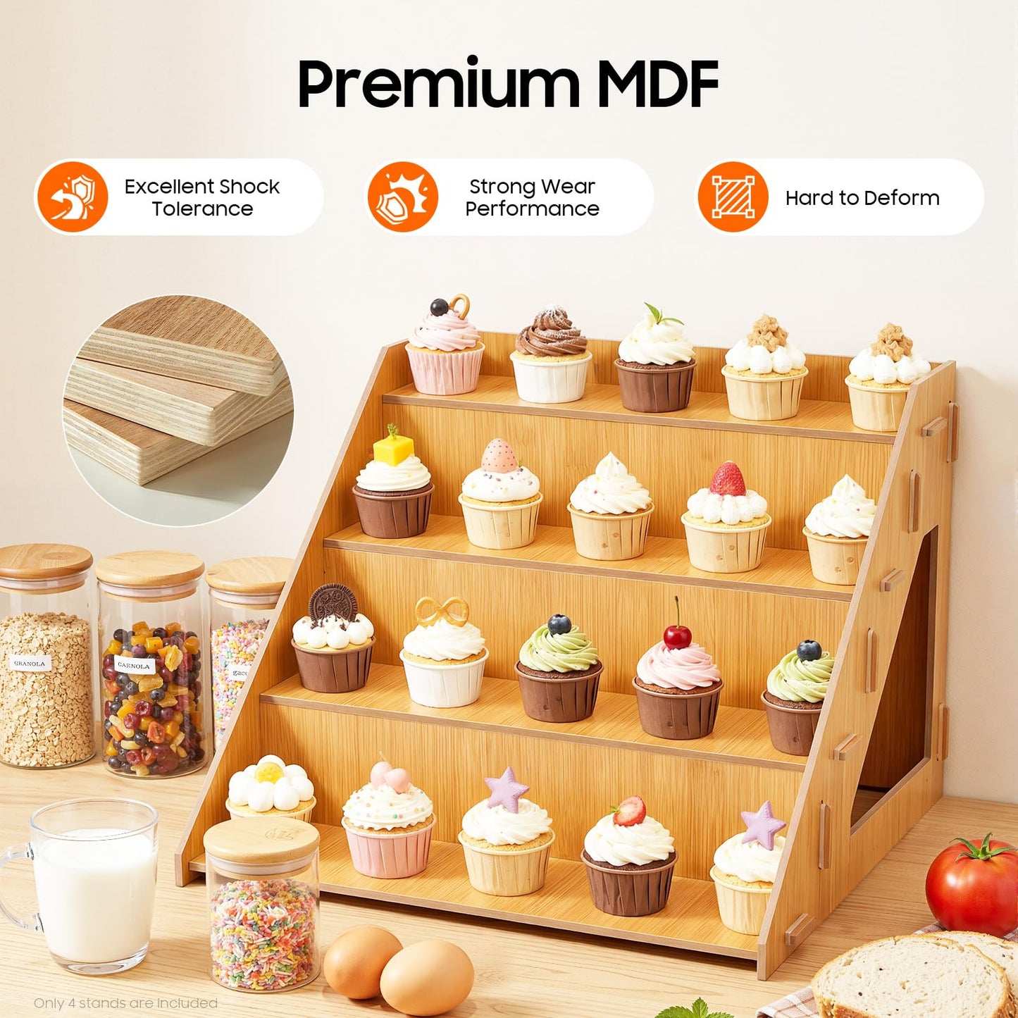 YUASDUU 4PCS Retail Display Rack, 4-tier Wooden Farmers Market Display Rack Cupcake Tabletop Display Stand Rustic Craft Fair Display Riser Portable Riser for Vendor Candle Cupcakes Jewelry Tumblers