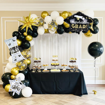 Graduation Balloon Arch Garland Kit 2026, Black Gold Confetti White Graduation Decorations with Foil Grad Cap Diploma Star Balloons for Congrats Class of 2026 Graduates Celebrations Party Decorations
