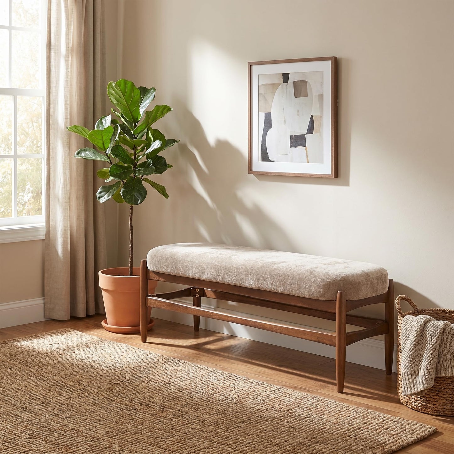 Christopher Knight Home Rubab 53.35" Chenille Fabric Upholstered End of Bed Ottoman Foot Rest, Wooden Ottoman Bench, Long Entryway Bench, Bedroom End of Bed Foot Stools, Light Brown + Walnut