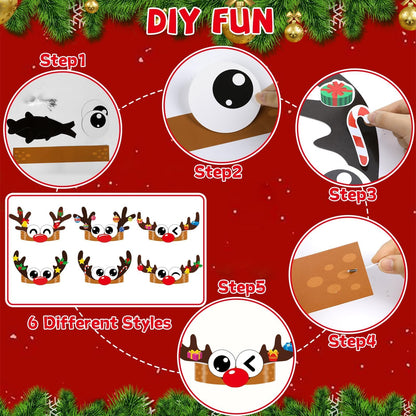 Qyeahkj 24 Sets Christmas Headbands Craft Kits Xmas Reindeer DIY Paper Crown Crafts for Winter Elk Reindeer Eyes Nose and Horn Stickers Holiday Home Activities Winter Party Favors