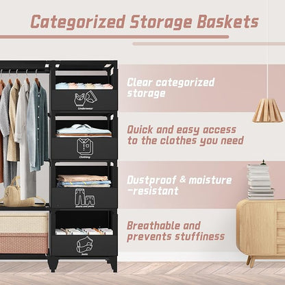 Portable Closet, Easy Assembly, Large Capacity Wardrobe Closet, Sturdy and Stable Clothes Rack with Shelves 4 Storage Baskets and 2 Hanging Rods, for Bedroom and Cloakroom Black