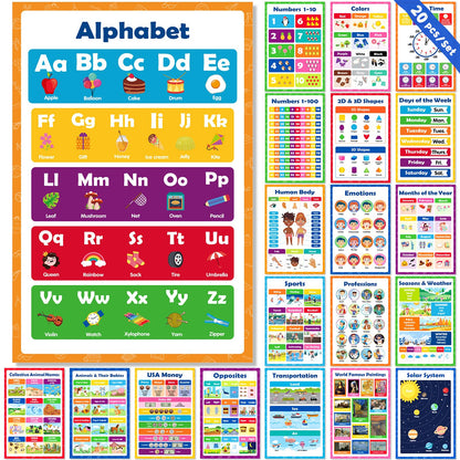 KIDS KING 20 Laminated Learning Posters for Toddlers 1-3 Years Old, Educational Posters for Preschoolers, Kindergarten Classroom Must Haves - Homeschool and Classroom Decor, Back-to-School Supplies