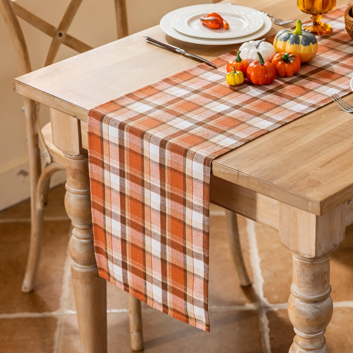 Joyfol Day Thanksgiving Rust Tartan Table Runner - 13x90 Inch Fall & Halloween Decor, Scratch-Proof Washable Plaid Table Decoration for Dining/Kitchen Buffet