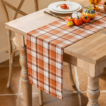 Joyfol Day Thanksgiving Rust Tartan Table Runner - 13x90 Inch Fall & Halloween Decor, Scratch-Proof Washable Plaid Table Decoration for Dining/Kitchen Buffet