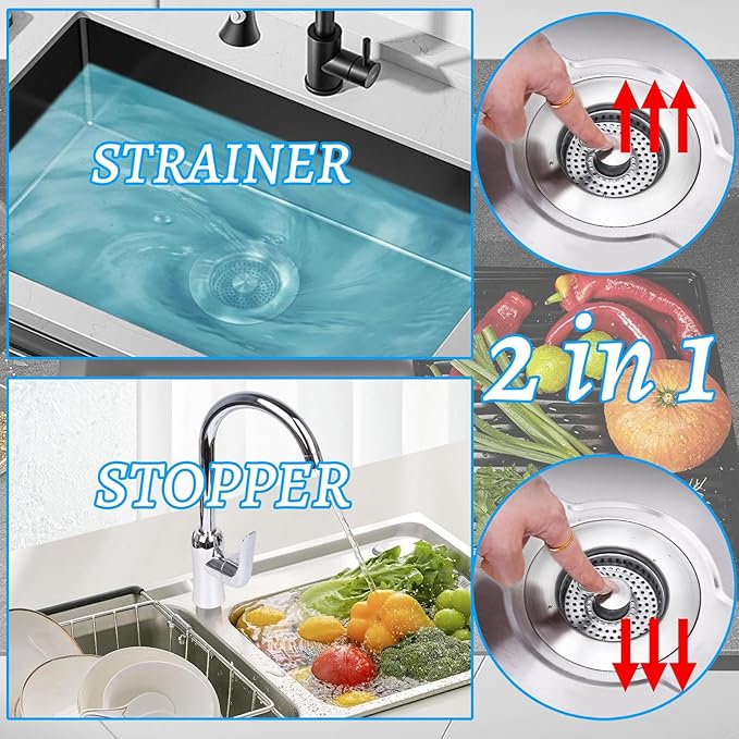 2 Pcs 3 in 1 Kitchen Sink Drain Strainer, Universal Stainless Steel Kitchen
