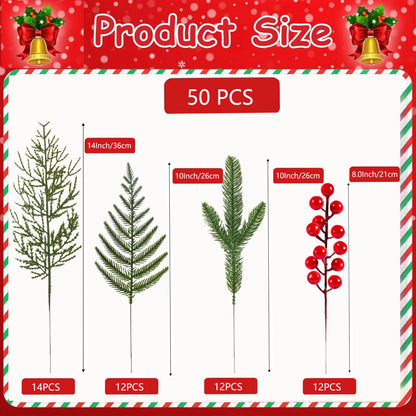 Gitechft 50 PCS Artificial Pine Branches Fake Greenery Pine Picks Artificial Red Berry Stems,Xmas Stems,Christmas Pine Needles for Wreath Decorations