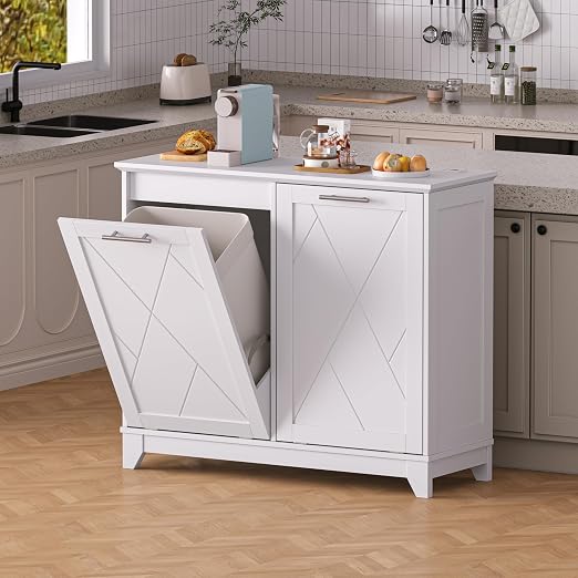 Double Tilt Out Trash Can Cabinet with Charging Station, Negative Ion Odor Control, Hidden Dual 10-Gallon Recycling Cabinet, Dog Proof Garbage Can for Kitchen, Laundry, Dining Room,White