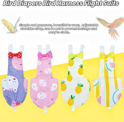 2Pcs Bird Diapers Bird Harness Flight Suits Diapers with 80 Inch Flying Leash Parrot Nappy Washable Cute Urine Wet Suit for Cockatiel Conure Macaw Budgies Parakeet-Rabbit&Kitten,S