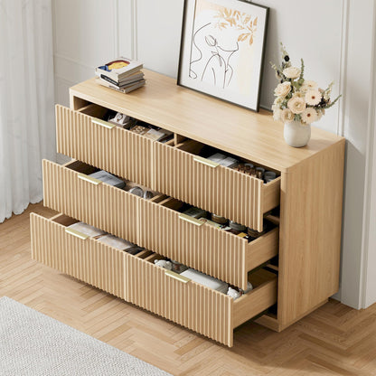 Ball & Cast Fluted Dresser for Bedroom with 6 Drawers,47" W Modern Chest of Drawers with Metal Handles,Wood Dresser TV Stand,Closet Dresser Drawers Organizer for Living Room,Hallway,Natural Oak