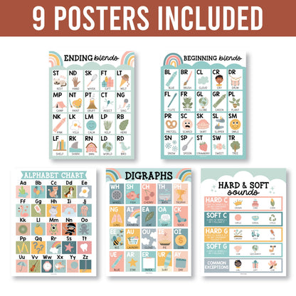 Hadley Designs Phonics Posters for Classroom Must Haves - 9 Sound Wall for Kindergarten & Elementary Teacher Supplies, Syllable, Vowels, Digraphs & Blends Bulletin Board Set, Boho Classrom Decor