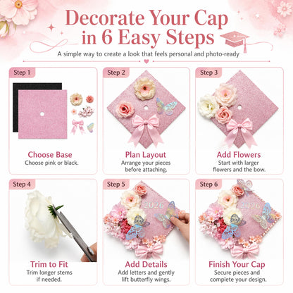 42PCS Graduation Cap Decorations Kit 2026, Pink DIY Grad Cap Topper Set with Glitter Topper Boards, 3D Butterflies, Letter Stickers, Pearls, Rhinestones, Flowers for Class of 2026