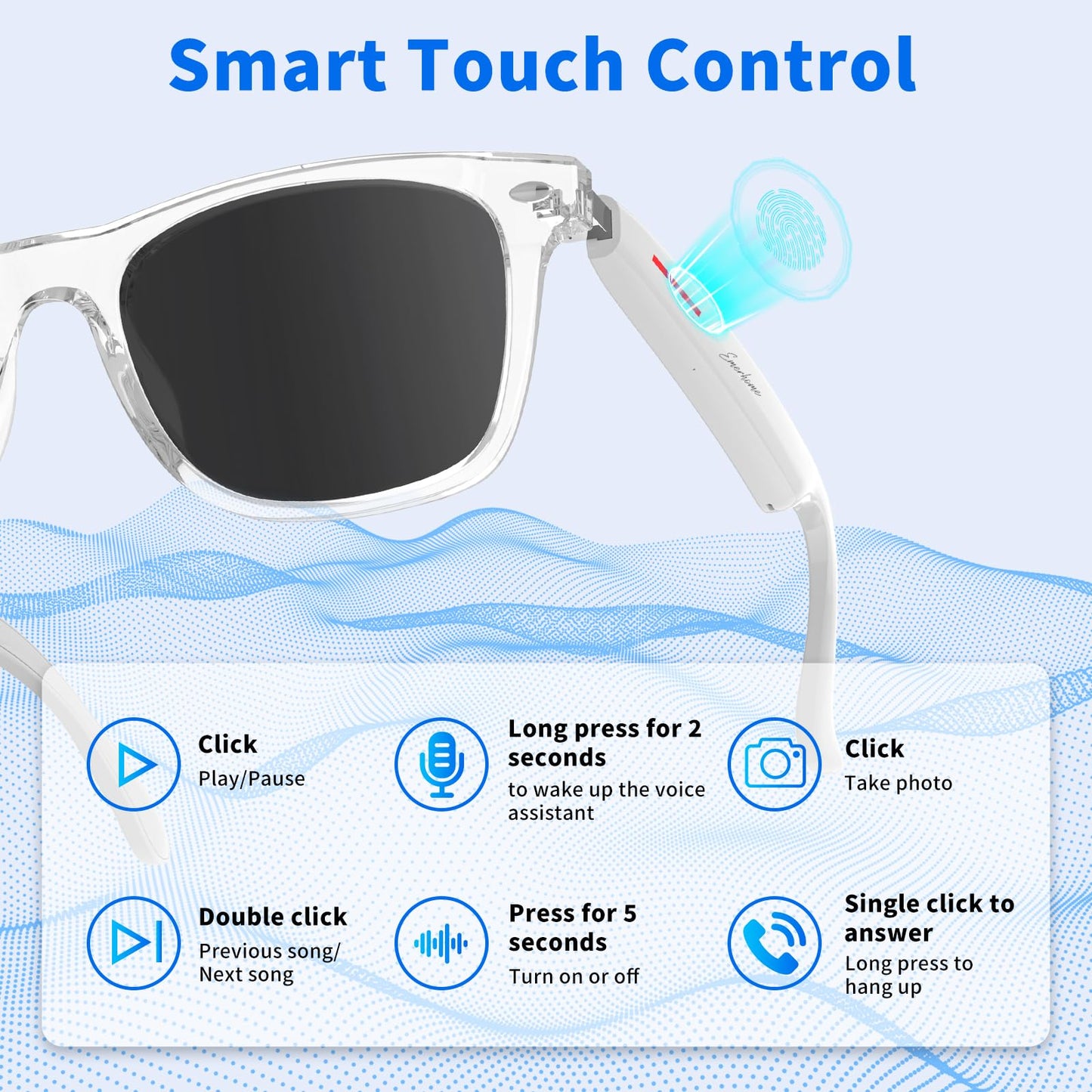 Smart Glasses - Bluetooth Glasses for Men & Women, Touch Control, Outdoor UV Protection and Voice Control, Hands-Free Calls (Clear Lens)