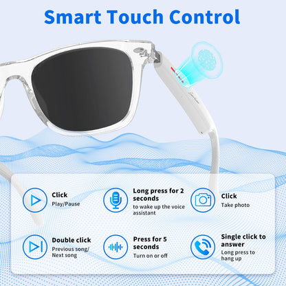 Smart Glasses - Bluetooth Glasses for Men & Women, Touch Control, Outdoor UV Protection and Voice Control, Hands-Free Calls (Clear Lens)