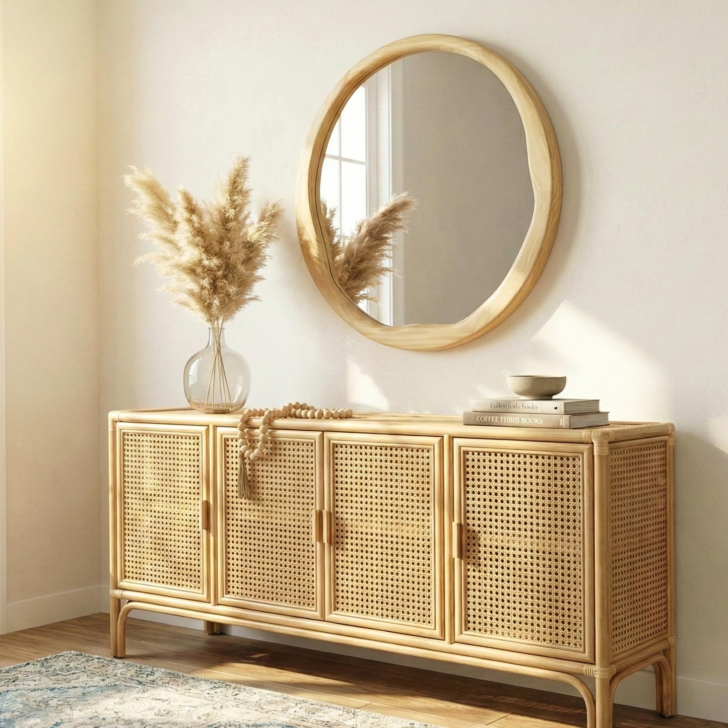 Pocetry Natural Wood Round Mirror 24 Inch, Solid Wood Framed Wall Mirror with Irregular Wavy Inner Edge for Bathroom Vanity, Bedroom & Boho Decor