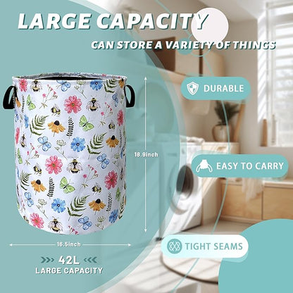 Cute Bee Floral Flowers Laundry Basket Foldable