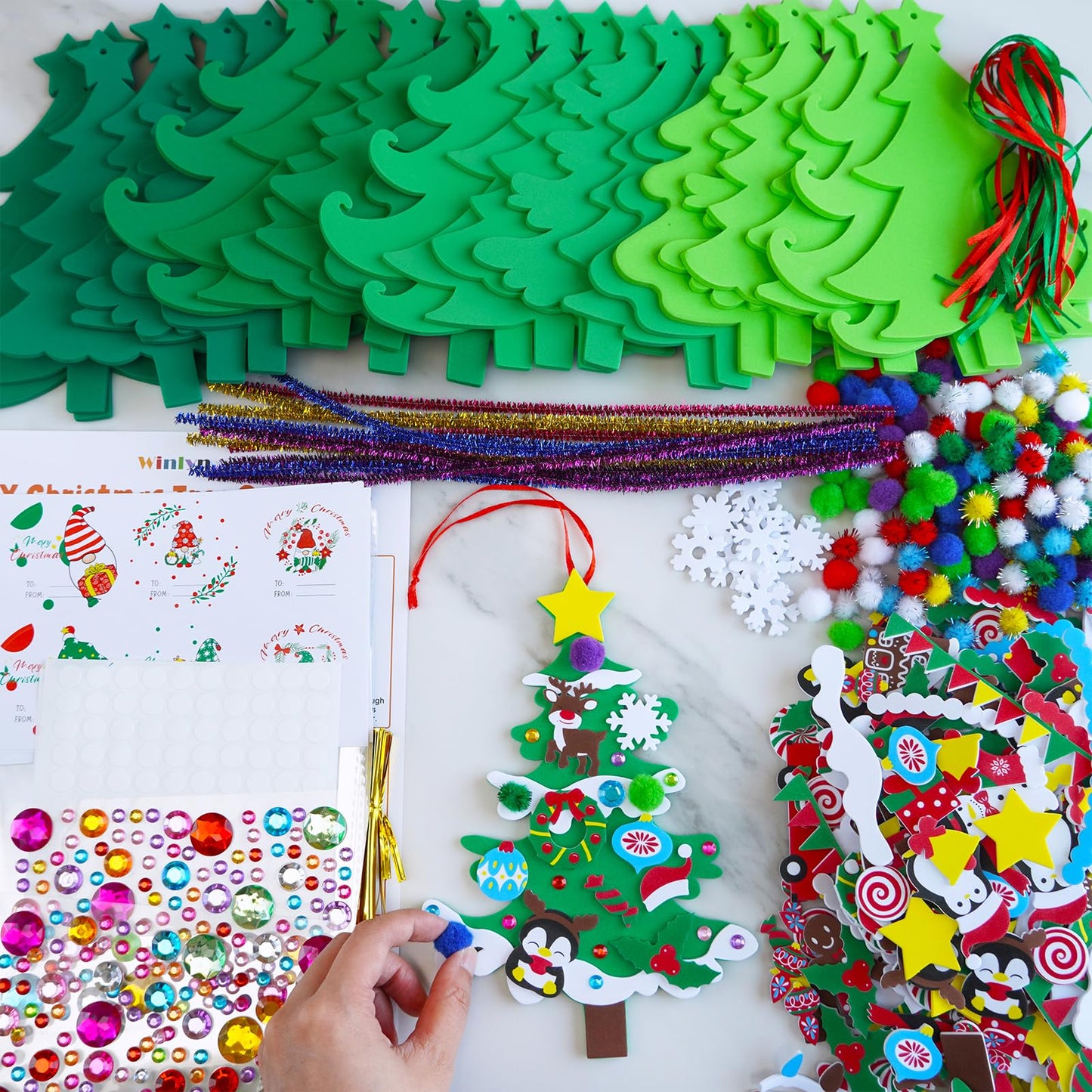 Winlyn 24 Sets Christmas Tree Ornaments Decorations Art Sets DIY Christmas Craft Kits Pine Tree Snowman Snowflake Penguin Foam Stickers Arts and Crafts for Kids Party Favors Home Classroom Activities