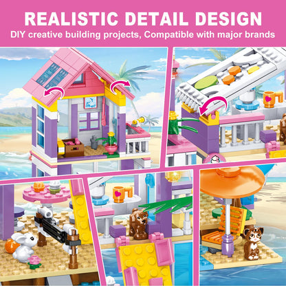 WINGIFT 955 Piece Beach House Building Set,Seaside Beach Villa Building Toys Friends Vacation Hut Blocks Set,STEM BuildingToys with Helicopter,Yacht,Sailboat,Christmas Birthday Gift for Girl Age 6-12+