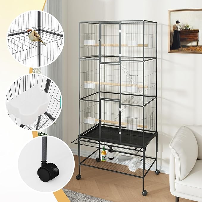 GarveeHome 69 Inch Large Bird Cage, Bird Cage with Rolling Storage Stands, Feed Bowls, Wide Tall Parrot Cage for Parakeets, Conures, Cockatiel, Cockatoo