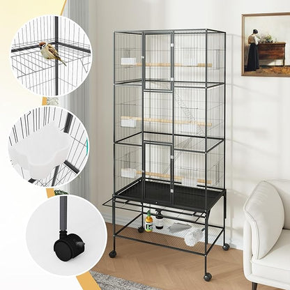 GarveeHome 69 Inch Large Bird Cage, Bird Cage with Rolling Storage Stands, Feed Bowls, Wide Tall Parrot Cage for Parakeets, Conures, Cockatiel, Cockatoo