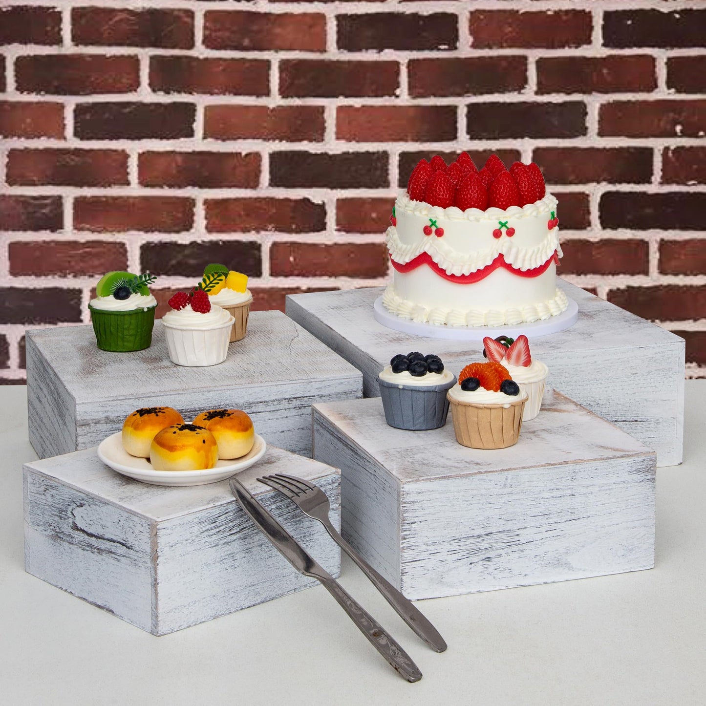 WEASATRY 4 Pieces Wooden Cake Stands,Antique White Cupcake Stands for Display,12 inches Square Wooden crates,Wood Display risers for Wedding,Birthday Party,Christmas,etc. (Antique White)