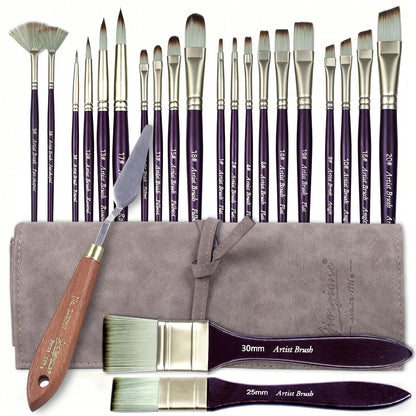 XWT 23pcs Paint Brush Set, Professional Artist Brushes for Acrylic and Oil Painting, Includes Flat, Filbert, Fan, Round, Angle, Rigger, and Palette Knife, Portable Storage Roll