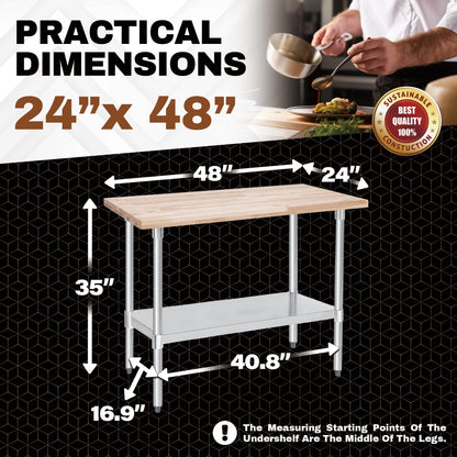 DuraSteel US Maple Top Work Table - 24 x 48 x 35 Inch Commercial Butcher Block Wooden Workbench with Adjustable Lower Shelf - Fits Restaurant, Warehouse, Home, Kitchen, Garage