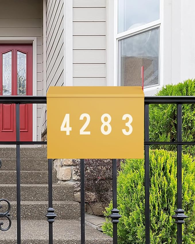LAND·VOI Wall-Mount Mailbox with One Flag Kit and Three Sets of 0-9 Mailbox Number Stickers, Mailboxes for Outside, Galvanized Steel Rust-Proof Metal Post Box, 4.33" Dx14.2 Wx10.43 H, Yellow