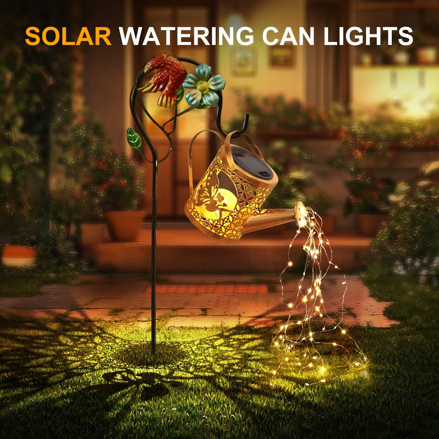 QOCNAM Solar Lights Outdoor Garden Decor Solar Watering Can with Crackle Glass Lights Waterproof Metal Hanging Fairy Lantern for Patio Lawn Yard Outside Decorations- Unique Gift Ideas for Gardening
