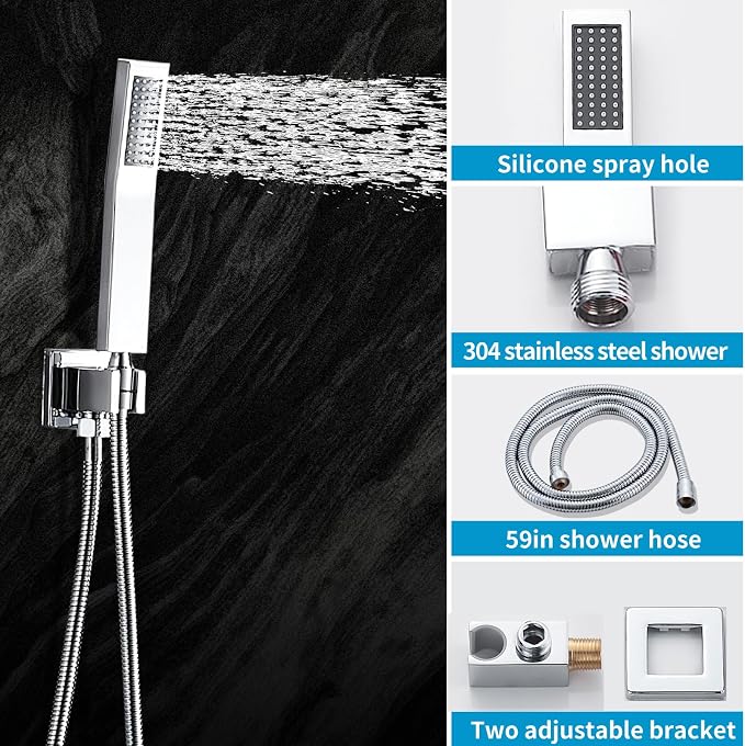 Chrome Shower Faucet Set with Tub Spout 10 Inch, Shower Head and Handle Set with 2 Hooks, Tub and Shower Faucet Combo, Rain Shower and Handheld Shower System Square Wall Mount for Bathroom