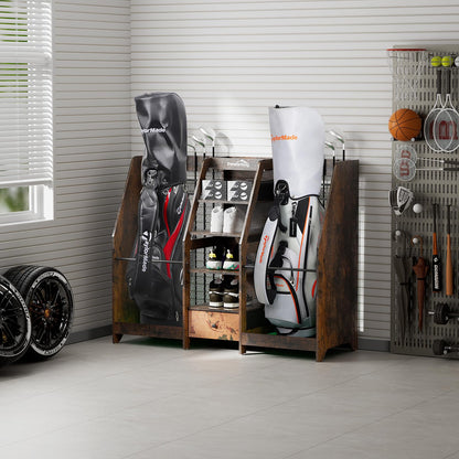 Ponsonbay Golf Bag Storage Organizer for Garage, Premium Wooden 2 Golf Bags Rack with Drawer, Easy Assemble Golf Club Stand/Holder Suitable for Garage Home Simulator and Office (Retro)