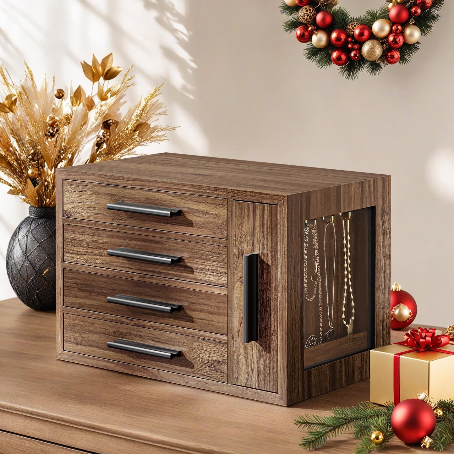 HOOBRO Jewelry Box for Women, Wooden Jewelry Organizer with Transparent Window and 360° Rotating Jewelry Box with Mirror, Jewelry Organizer with 4 Drawers Bundle, BH09JB04-BH31JB04