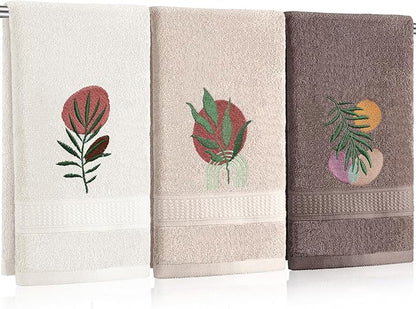 3 Pack Boho Leaves Hand Towels for Bathroom 100% Cotton Embroidered Bathroom
