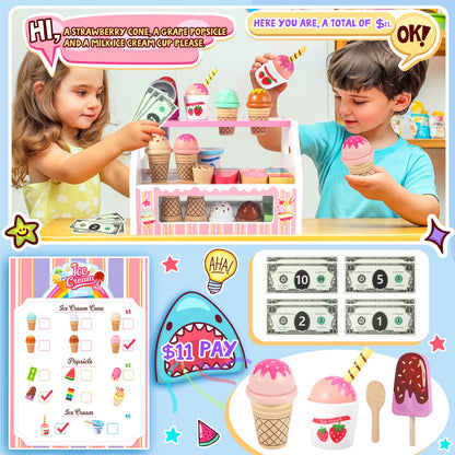 Loscola Ice Cream Toy, Wooden Ice Cream Toys for Kids Toddlers, Pretend Play Kitchen Food Toys, Wooden Play Store Counter Shop Playset for Toddlers, Toy Gift for 3 4 5 6 7 8 Year Old Girls Boys