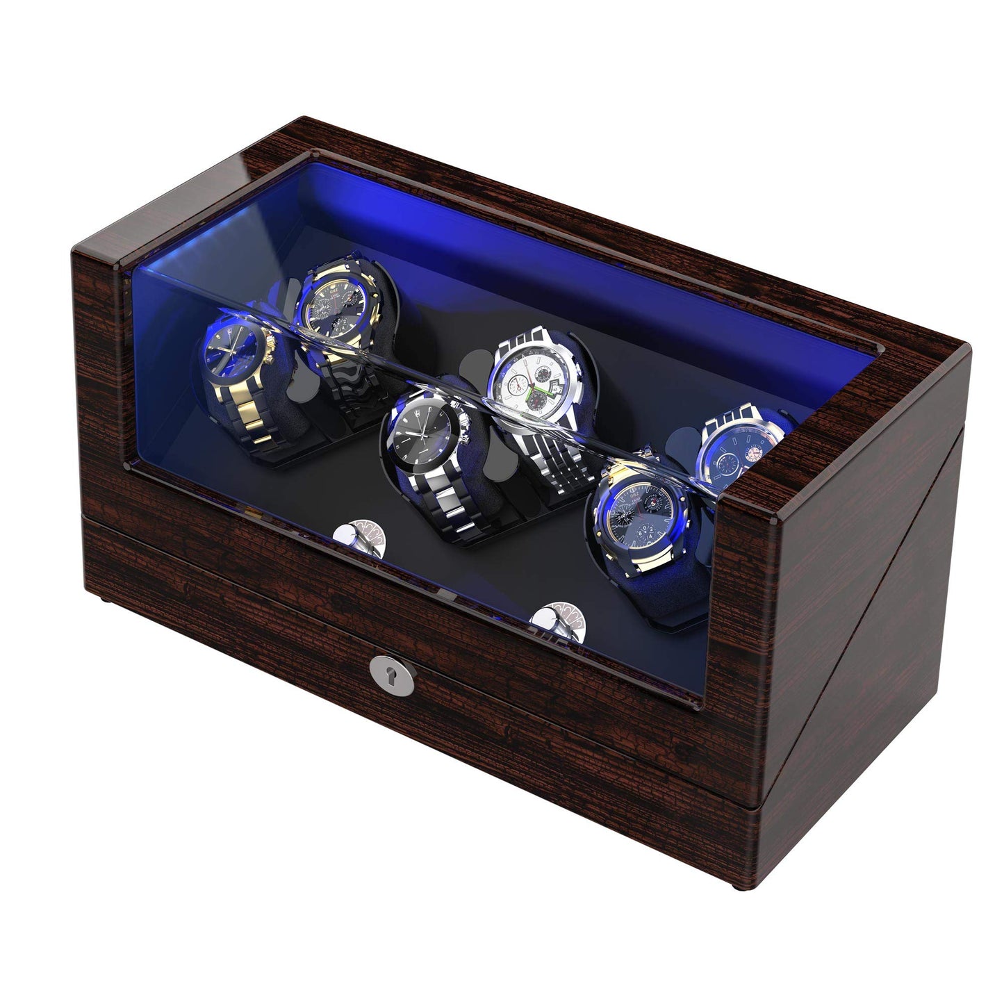 Watch Winder, for Rolex Automatic Watches with Soft and Flexible Watch Pillows, Wooden Shell, Powered by Japanese Motor, Built-in Blue LED Illuminated(Triple Tree) (Pine Bark Pattern)