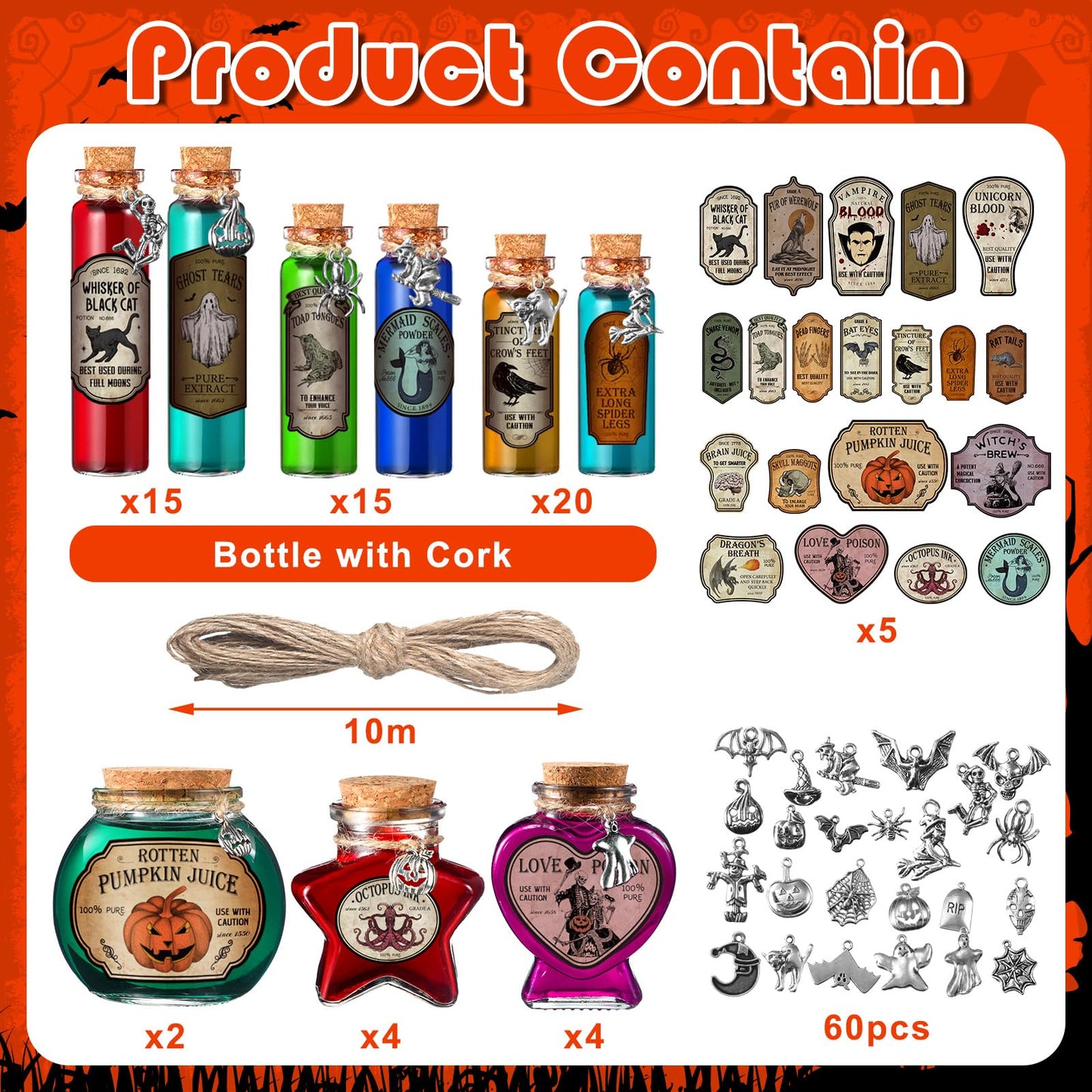 Sliner 180 Pcs Halloween Potion Bottles Set Includes 60 Cork Stoppers Glass Bottles 60 Charms Pendants 60 Apothecary Bottle Labels with a Jute Rope for Party Decoration Gifts Photo Props