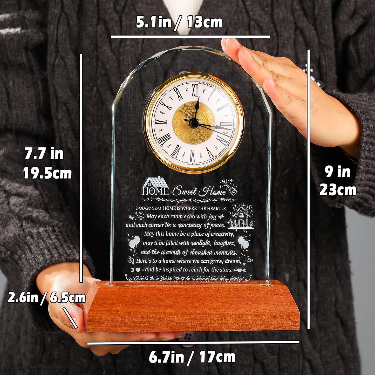 Arikyrist House Warming Gifts Glass Clock with Wooden LED Light Base for Women Men Unique New Home Gift Ideas Crystal House Warming Gifts for Couples Family Home Blessing Keepsakes Tabletop Decor