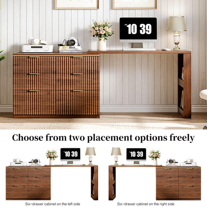 Ieejdn L Shaped Standing Desk,47" Home Office Desks, Executive, Farmhouse Computer Desk with 6 Drawers File Drawer, Rustic Computer Writing, Walnut