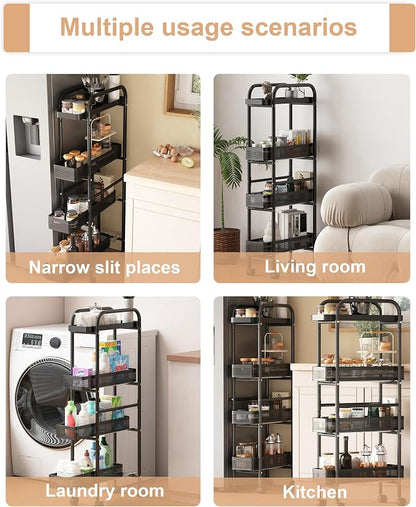 UMDONX Slim Storage Cart 4 Tier with Pull Out Basket Bathroom Organizer Rolling cart, Rolling Utility Cart Slide Out Organizer for Kitchen, Bathroom, Laundry Black