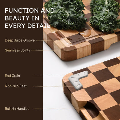 Nomsters 3 Packs Cutting Boards for Kitchen Checkered Cutting Board Acacia Wood Charcuterie Board Serving Heavy Duty Non Toxic Slip Butcher Block Wood Chopping Board with Juice Grooves Handles