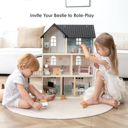 Wooden Dollhouse for Kids, 6-Room Modern Style Toy Doll House Playset with 26 Furniture & Functional Doors, 1:12 Scale Open Plan Dollhouse Designed for 4-6 Inch Dolls, STEM Creative Gift for Ages 3+