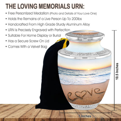 The Loving Memorials Personalized Medallion Love Beach Cremation Urns Adult Ashes Male Female - 200lbs Burial Urns Human Ashes - Handcrafted Funeral Decorative Urns Ashes Adult Male Velvet Bag