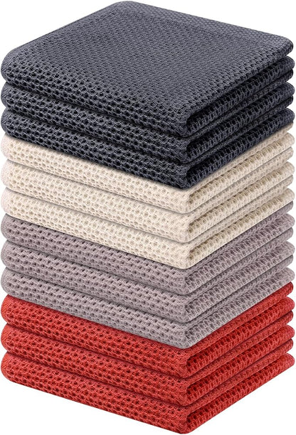 Kitinjoy 100% Cotton Kitchen Dish Cloths, 12 Pack Waffle Weave Ultra Soft