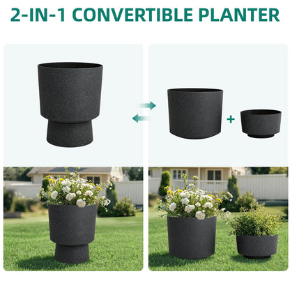 Autodaya 16.8" Modern Pedestal Planters Set of 2, Large Plastic Flower Pots with Terrazzo Finish, Drainage Hole & Weather Resistance for Indoor/Outdoor Garden Patio Balcony Decor