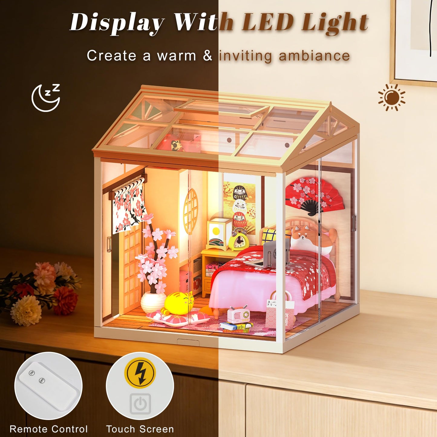 Loyratche DIY Japanese Bedroom Miniature House Kit, LED Light Mini Dollhouse Kit for Adults and Teens, with Roof & Dust Covers, Tiny House Gifts for Kids and Adults