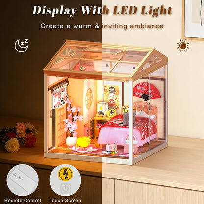 Loyratche DIY Japanese Bedroom Miniature House Kit, LED Light Mini Dollhouse Kit for Adults and Teens, with Roof & Dust Covers, Tiny House Gifts for Kids and Adults
