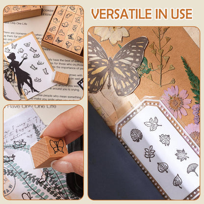 25 Pieces Wooden Rubber Stamp Set, Plant Decorative Wooden Stamp DIY Craft, Cute Butterfly & Botanical Designs for Journals, Scrapbooks, Planners, and DIY Crafts (Butterfly)