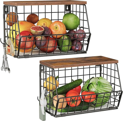2-Tier Fruit Basket for Kitchen, Stackable Hanging Basket Wire Baskets